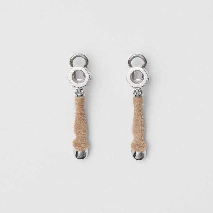 Burberry Burberry Calf Hair And Palladium-plated Hoof Drop Earrings, Yellow