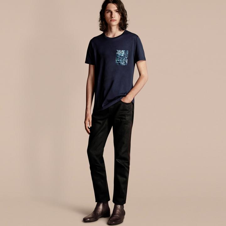 Burberry Burberry Cotton T-shirt With Peony Rose Print Pocket, Blue