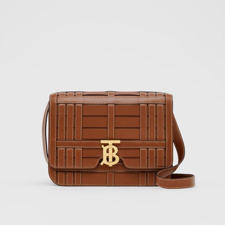 Burberry Burberry Medium Woven Leather Tb Bag, Brown