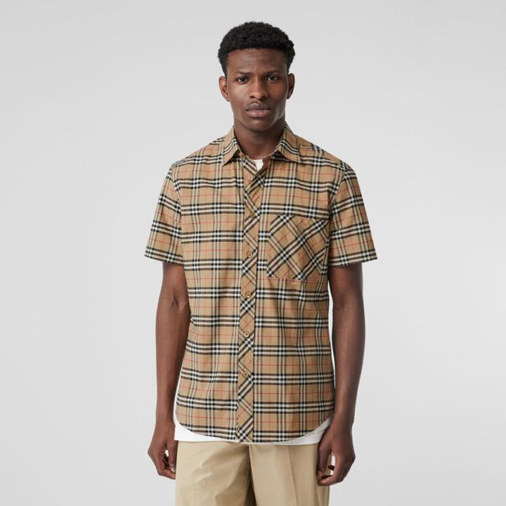 Burberry Burberry Short-sleeve Small Scale Check Stretch Cotton Shirt, Beige