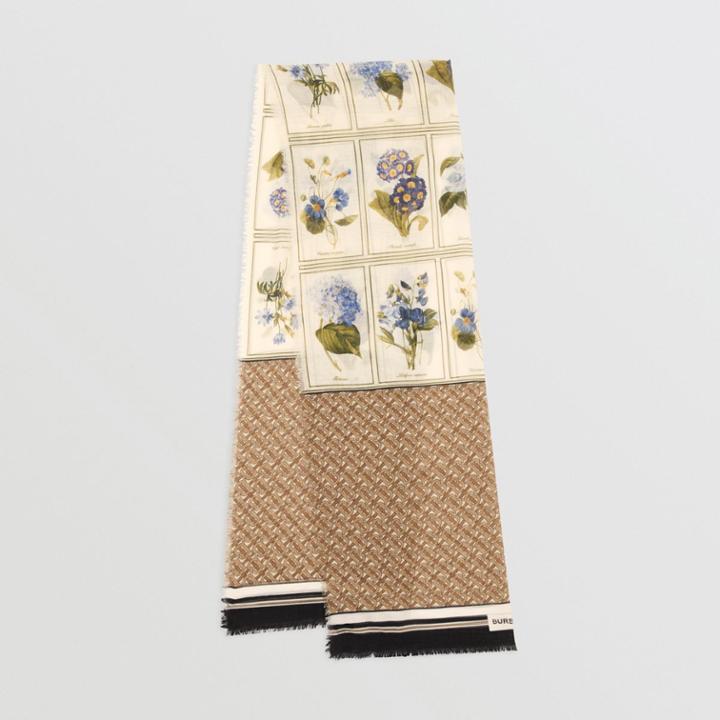 Burberry Burberry Botanical And Monogram Print Silk Wool Scarf, Beige
