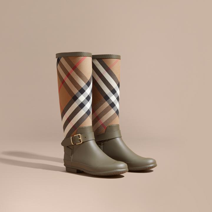 Burberry Burberry Belt Detail Check And Rubber Rain Boots, Size: 37, Green