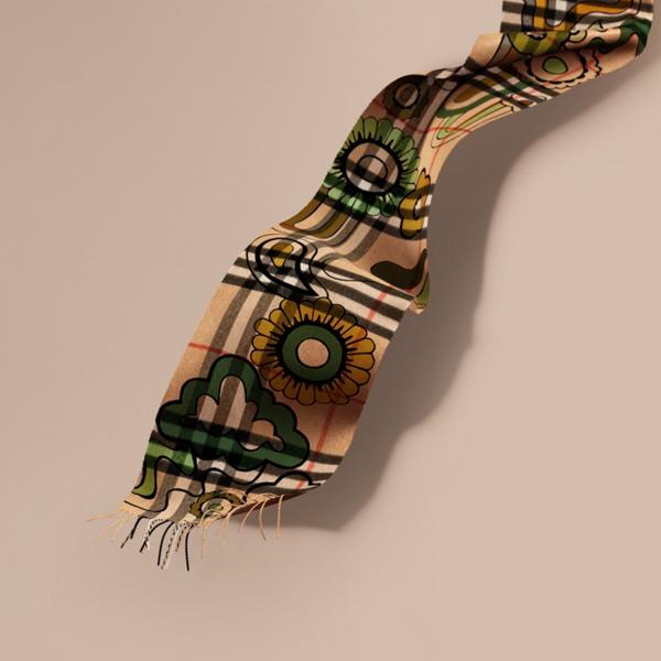 Burberry Floral Pop Print And Check Cashmere Scarf