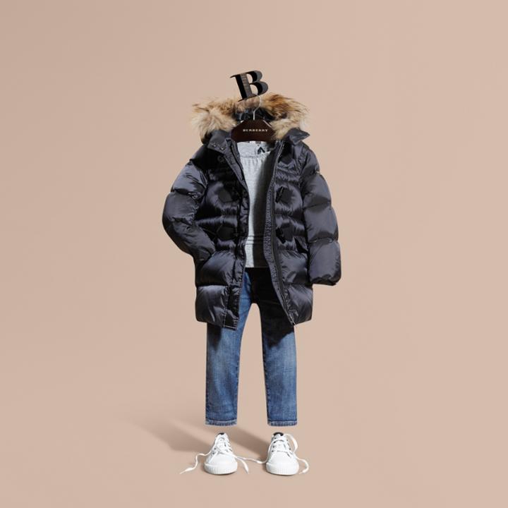 Burberry Burberry Down-filled Hooded Coat With Detachable Raccoon Fur Trim, Size: 10y, Blue