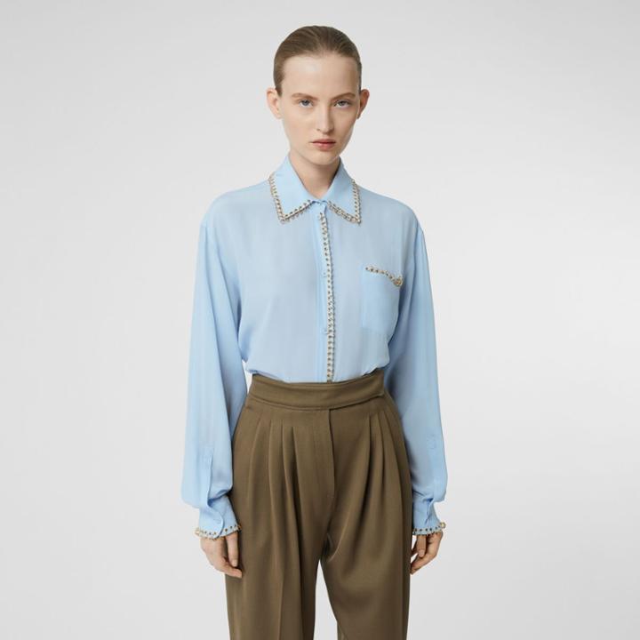 Burberry Burberry Ring-pierced Silk Crepe Shirt, Size: 00, Blue
