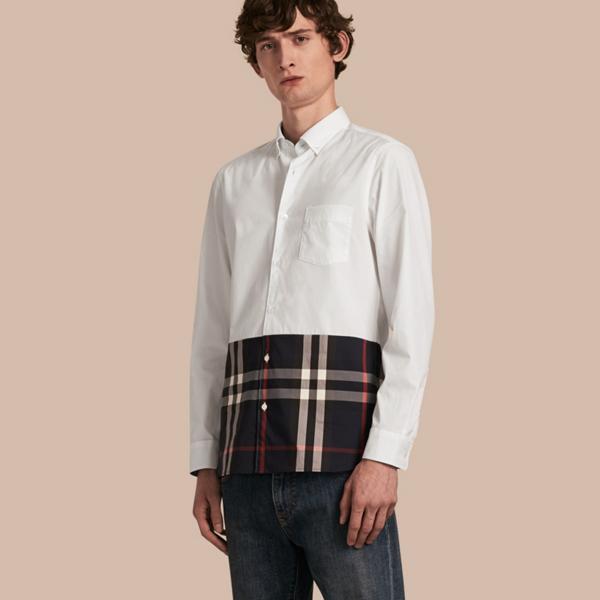 Burberry Check Panel Stretch-cotton Poplin Shirt