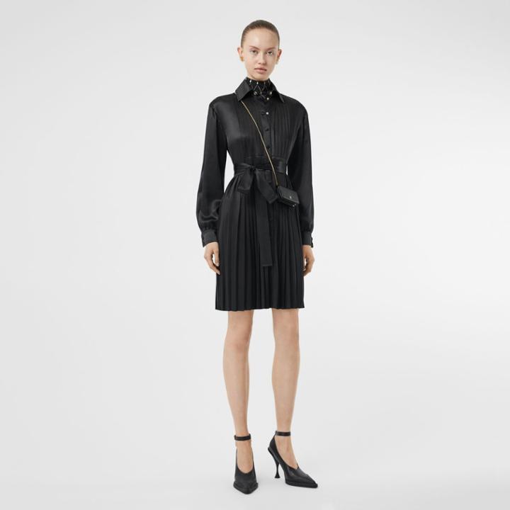 Burberry Burberry Pleated Silk Satin And Jersey Tie-waist Shirt Dress, Size: 06, Black