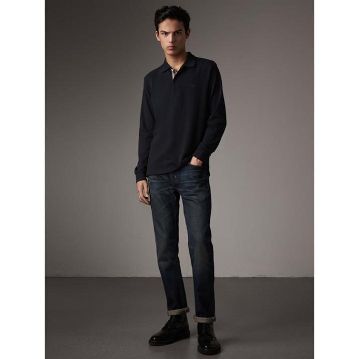 Burberry Burberry Check Placket Long Sleeve Polo Shirt, Size: M, Blue