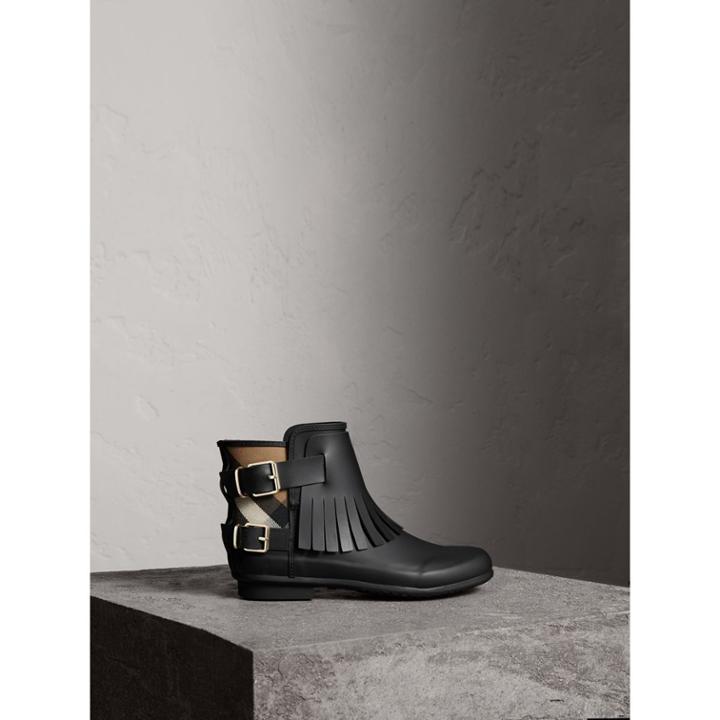 Burberry Burberry House Check And Fringed Rubber Rain Boots, Size: 39, Black