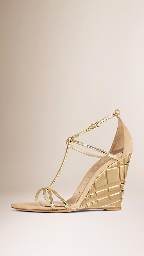 Burberry T-bar Metallic Leather Wedge Sandals
