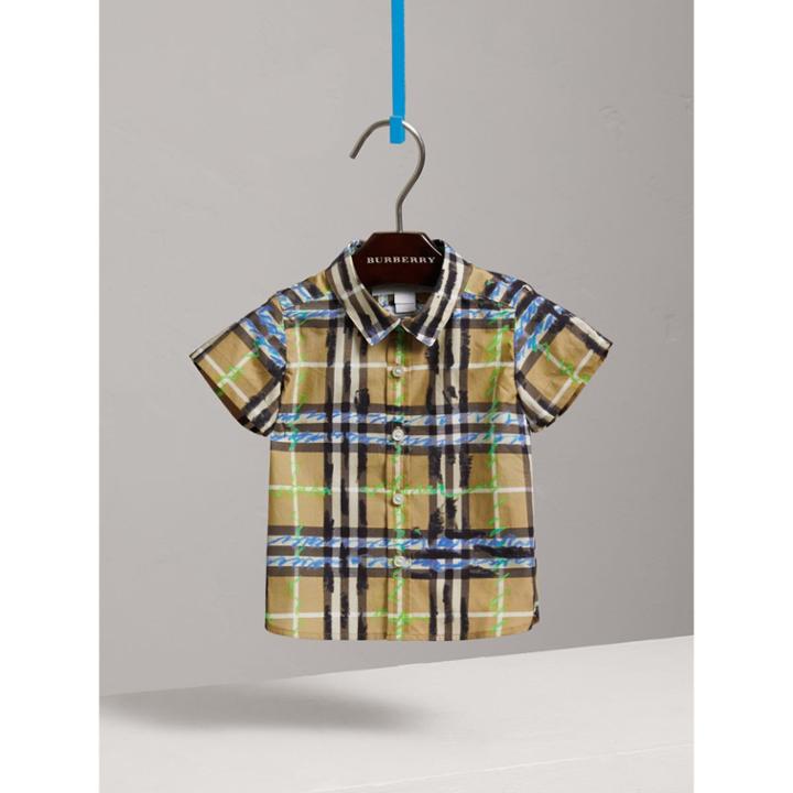 Burberry Burberry Short-sleeve Scribble Check Cotton Shirt, Size: 3y, Blue