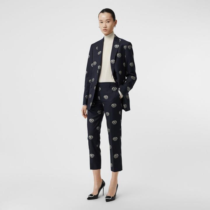 Burberry Burberry Crest Detail Wool Cropped Tailored Trousers, Size: 00, Blue