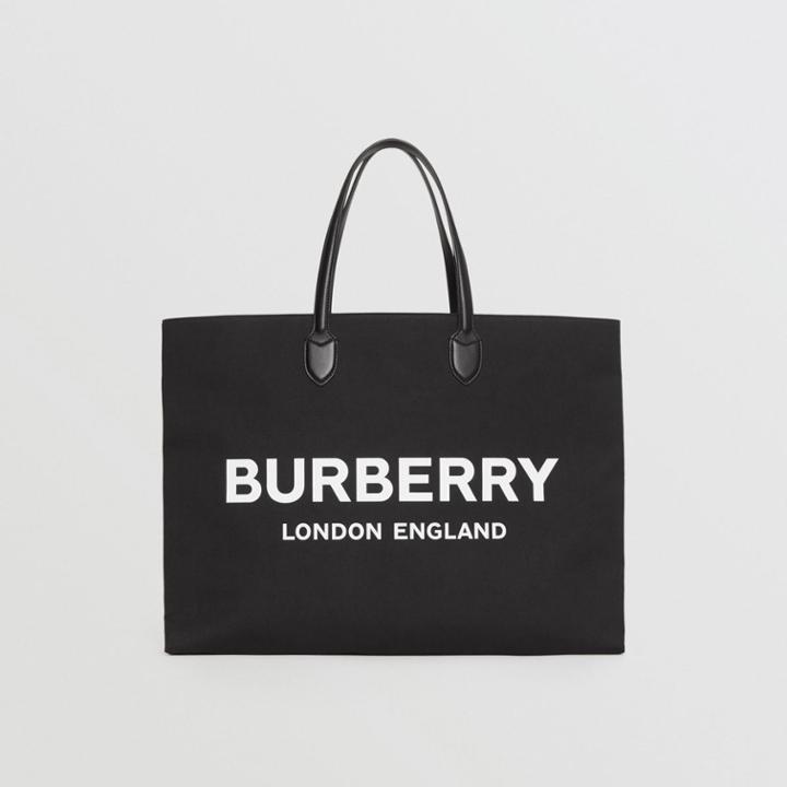 Burberry Burberry Logo Detail Cotton Blend Tote, Black