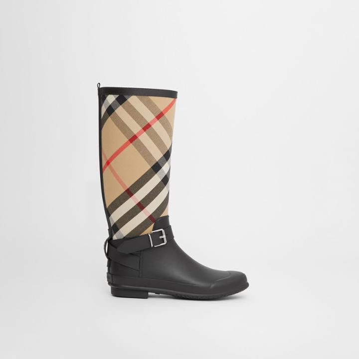 Burberry Burberry Strap Detail House Check And Rubber Rain Boots, Size: 35, Black