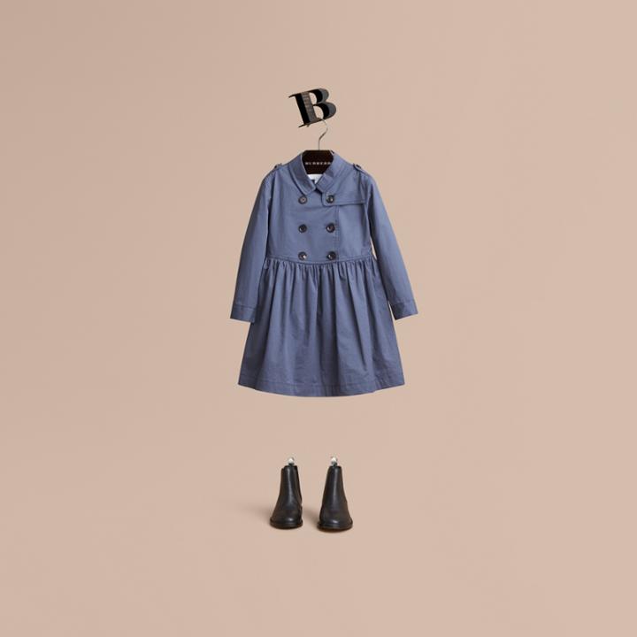 Burberry Burberry Check Detail Stretch Cotton Trench Dress, Size: 6y, Blue
