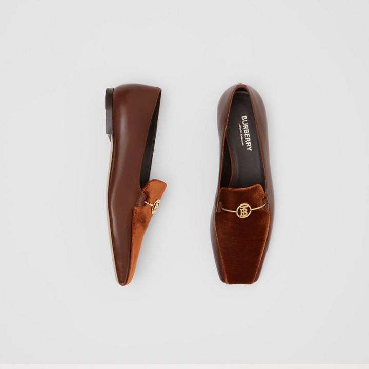 Burberry Burberry Monogram Motif Velvet And Leather Loafers, Size: 35, Brown