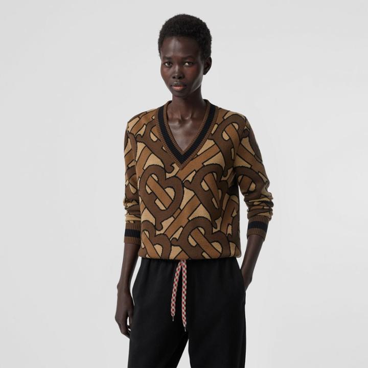 Burberry Burberry Monogram Intarsia Wool V-neck Sweater, Size: Xxl, Brown