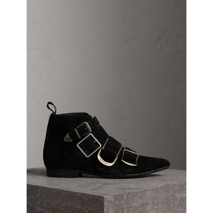 Burberry Burberry Buckle Detail Suede Ankle Boots, Size: 39.5, Black
