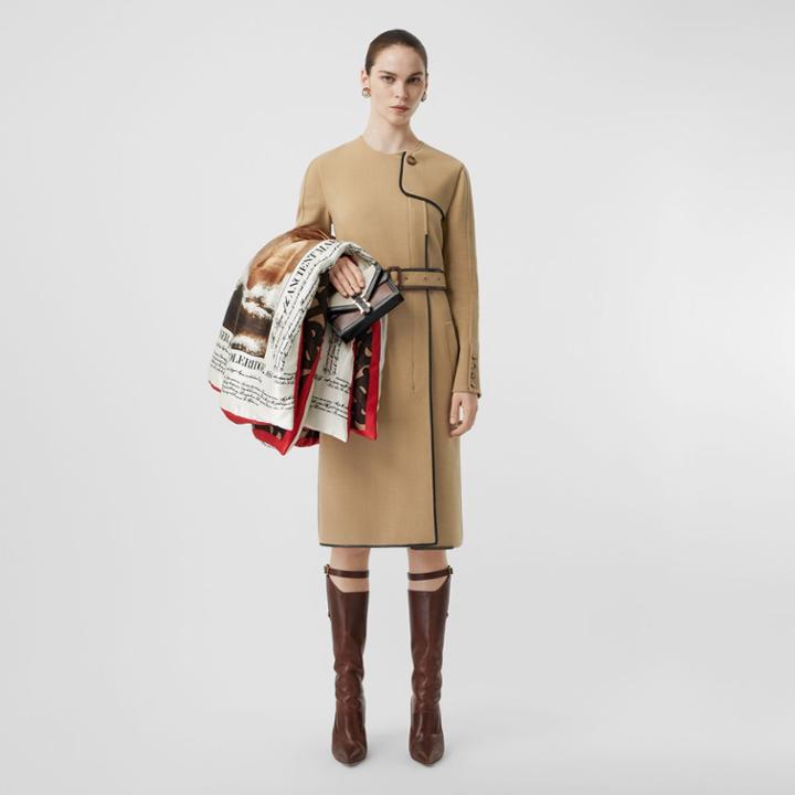 Burberry Burberry Lambskin Trim Technical Wool Belted Dress, Size: 02, Honey