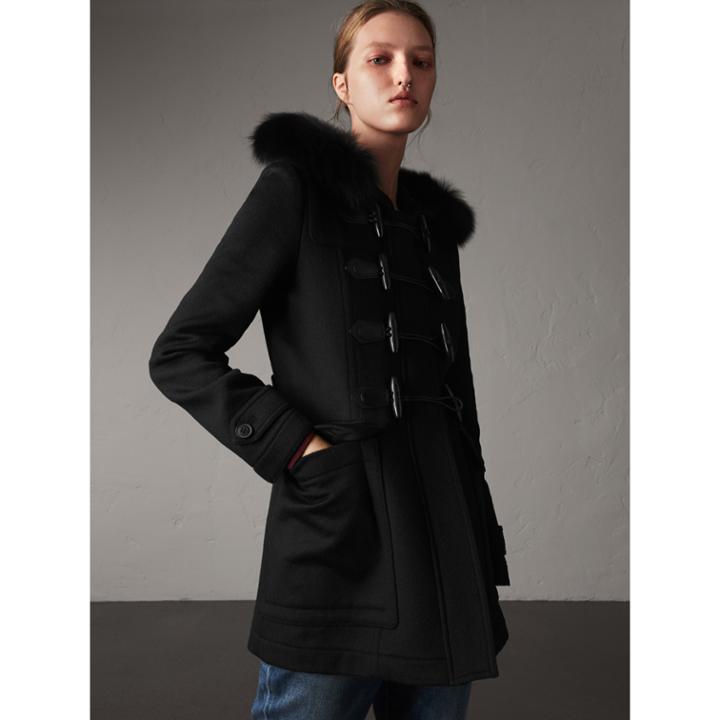 Burberry Burberry Detachable Fur Trim Wool Duffle Coat, Size: 10, Black