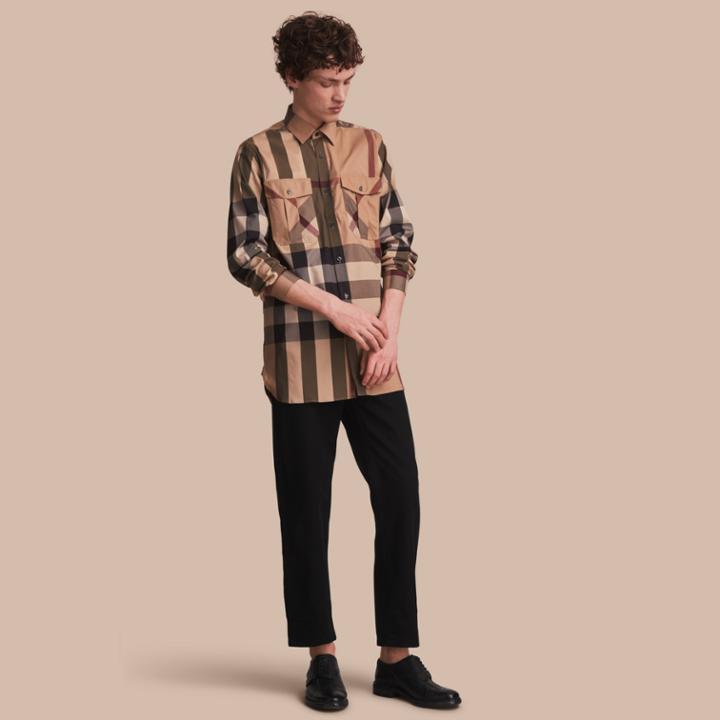 Burberry Burberry Check Cotton Blend Shirt With Military Detail, Size: Xs, Brown