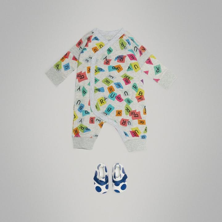 Burberry Burberry Confetti Letter Print Cotton Jumpsuit, Size: 12m, Grey