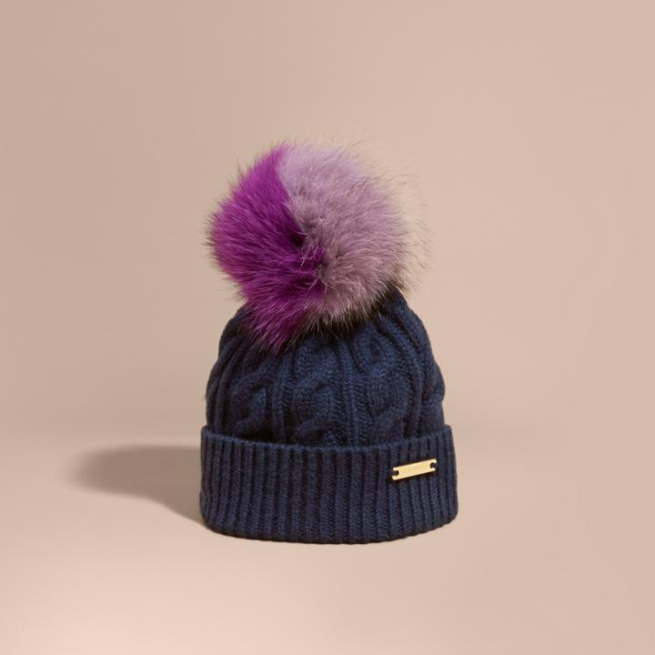 Burberry Burberry Wool Cashmere Beanie With Fur Pom-pom, Blue