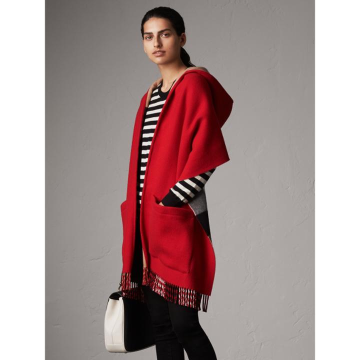 Burberry Burberry Check-lined Wool Cashmere Hooded Stole, Red