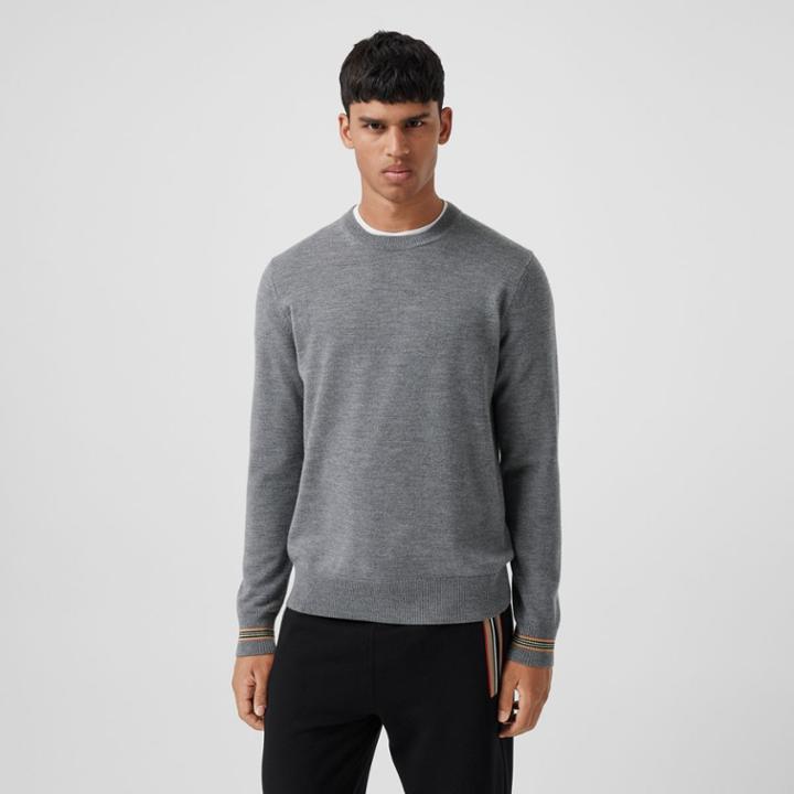 Burberry Burberry Icon Stripe Trim Merino Wool Sweater, Grey