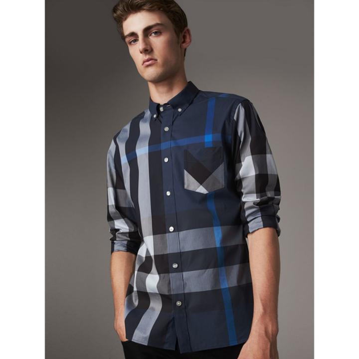 Burberry Burberry Button-down Collar Check Stretch Cotton Blend Shirt, Size: Xxxl, Blue
