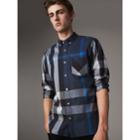 Burberry Burberry Button-down Collar Check Stretch Cotton Blend Shirt, Size: Xxxl, Blue