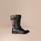 Burberry Burberry Check Detail Belted Leather Boots, Size: 35.5, Black