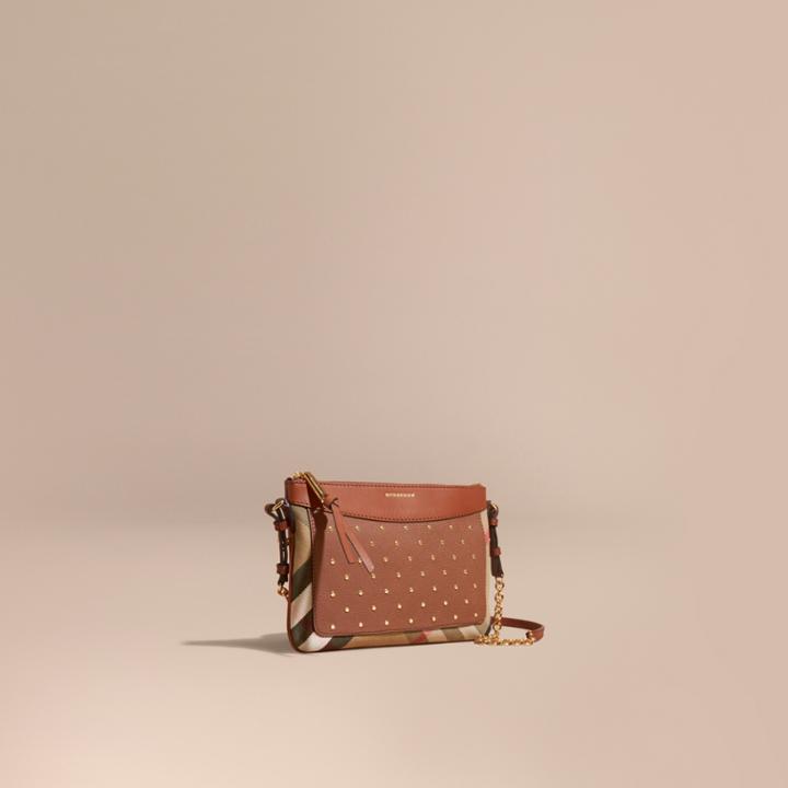 Burberry Burberry Riveted Leather And House Check Clutch Bag, Brown