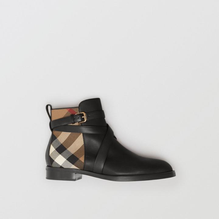 Burberry Burberry Strap Detail House Check And Leather Ankle Boots, Size: 40, Black