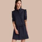 Burberry Burberry Ruffle And Check Detail Cotton Shirt Dress, Size: 02, Blue
