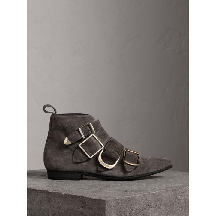 Burberry Burberry Buckle Detail Suede Ankle Boots, Size: 36, Grey