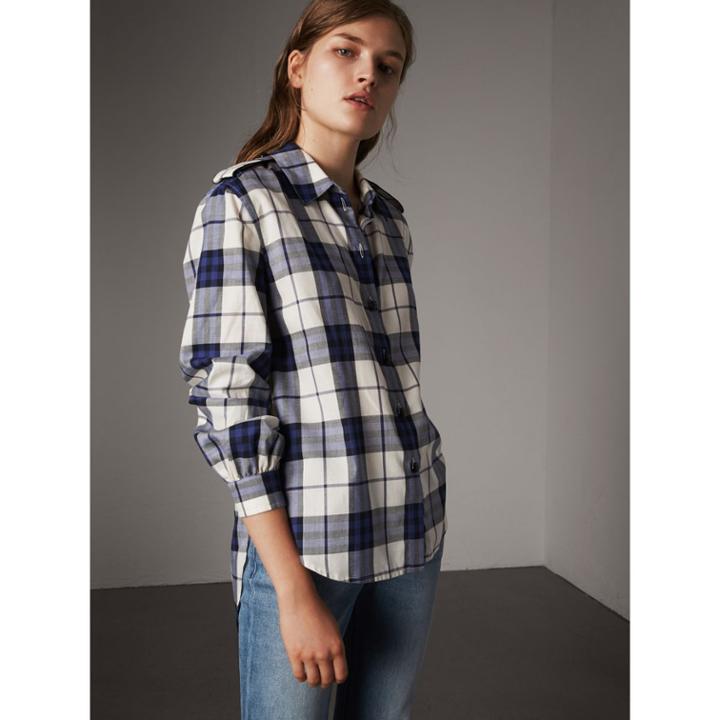 Burberry Burberry Check Cotton Flannel Military Shirt, Size: 04, Blue