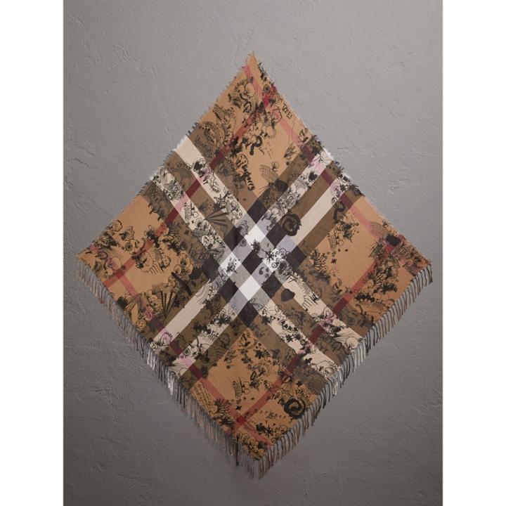 Burberry Burberry Doodle Print And Check Silk Cotton Scarf, Brown