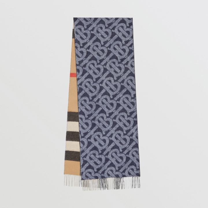 Burberry Burberry Reversible Check And Monogram Cashmere Scarf, Blue
