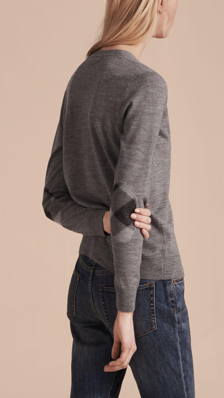 Burberry Burberry Check Detail Merino Wool Cardigan, Grey