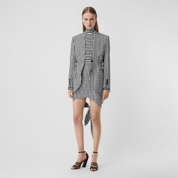 Burberry Burberry Scarf-tie Detail Gingham Technical Wool Mini Skirt, Size: 04, Black