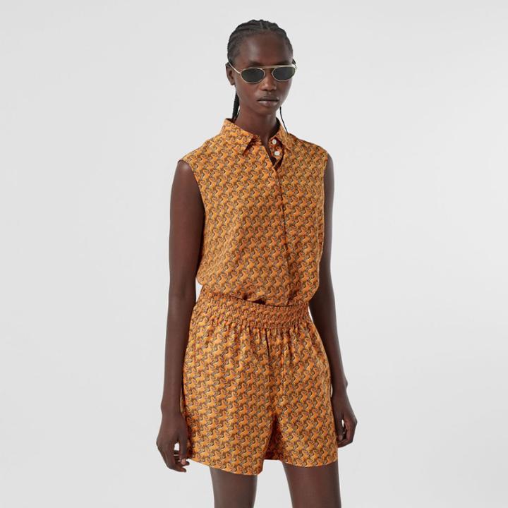 Burberry Burberry Sleeveless Unicorn Print Silk Crepe De Chine Shirt, Size: 0, Orange