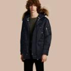 Burberry Burberry Hooded Parka With Detachable Raccoon Trim, Size: 34, Blue