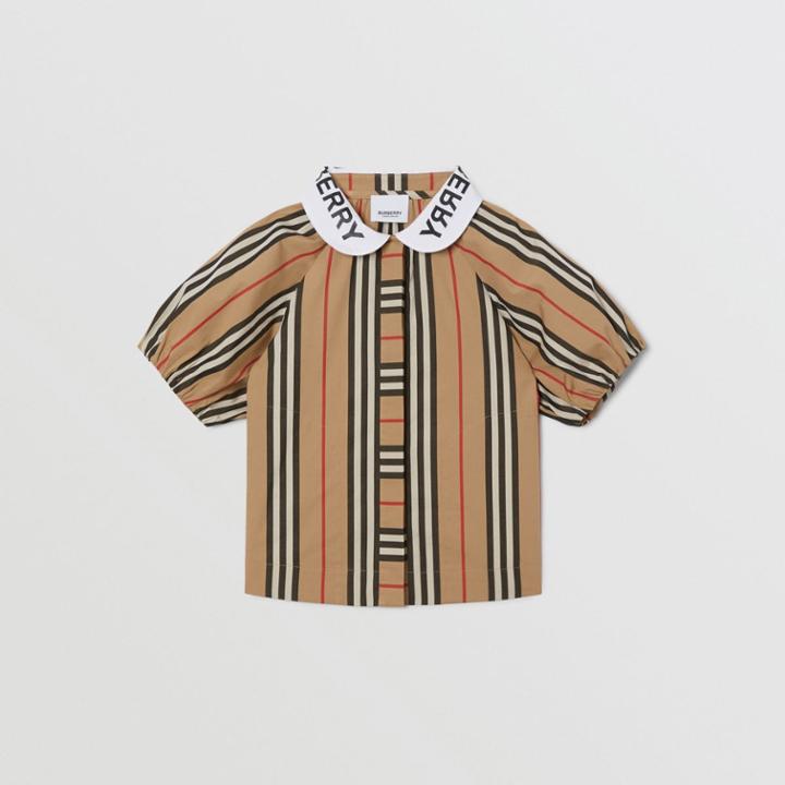 Burberry Burberry Childrens Logo Print Puff-sleeve Icon Stripe Cotton Blouse, Size: 6y
