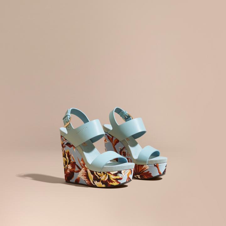 Burberry Burberry Peony Rose Print Leather Platform Wedges, Size: 38.5, Orange