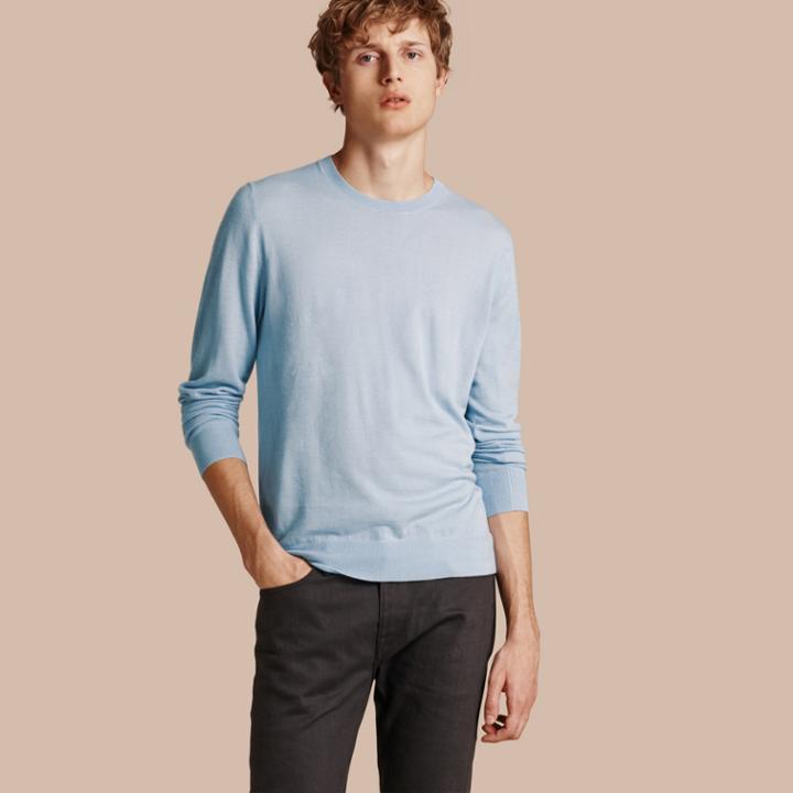 Burberry Burberry Lightweight Crew Neck Cashmere Sweater With Check Trim, Blue