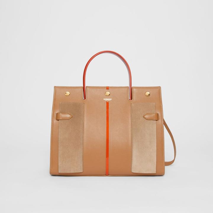 Burberry Burberry Medium Leather And Suede Title Bag, Beige