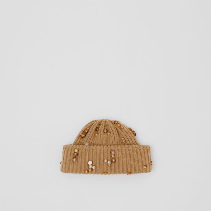 Burberry Burberry Embellished Rib Knit Wool Beanie, Beige