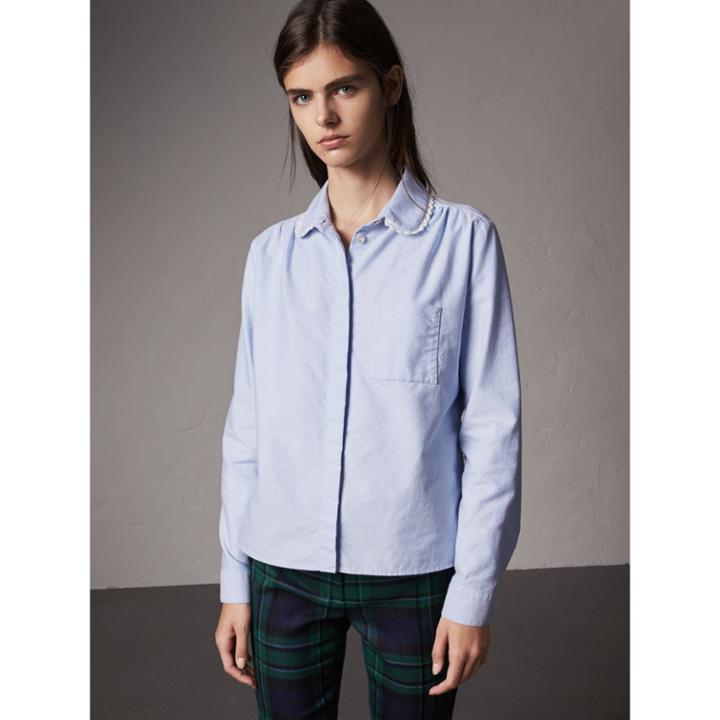 Burberry Burberry Lace-trimmed Round Collar Cotton Shirt, Size: 06, Blue