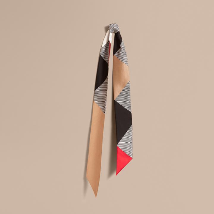 Burberry Burberry Colour Block And Striped Silk Slim Scarf, Brown